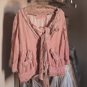 RARE - Shangana Pink Velvet Wrap Top Embroidered Beaded